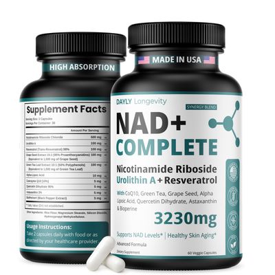 NAD Supplement 3230mg, NMN Alternative, NAD Resveratrol Supplement for Women &amp; Men, Nicotinamide Riboside NR with Urolithin A &amp; Green Tea, Anti-Aging, Energy, 60 Capsules Resveratrol NAD NAD Complete