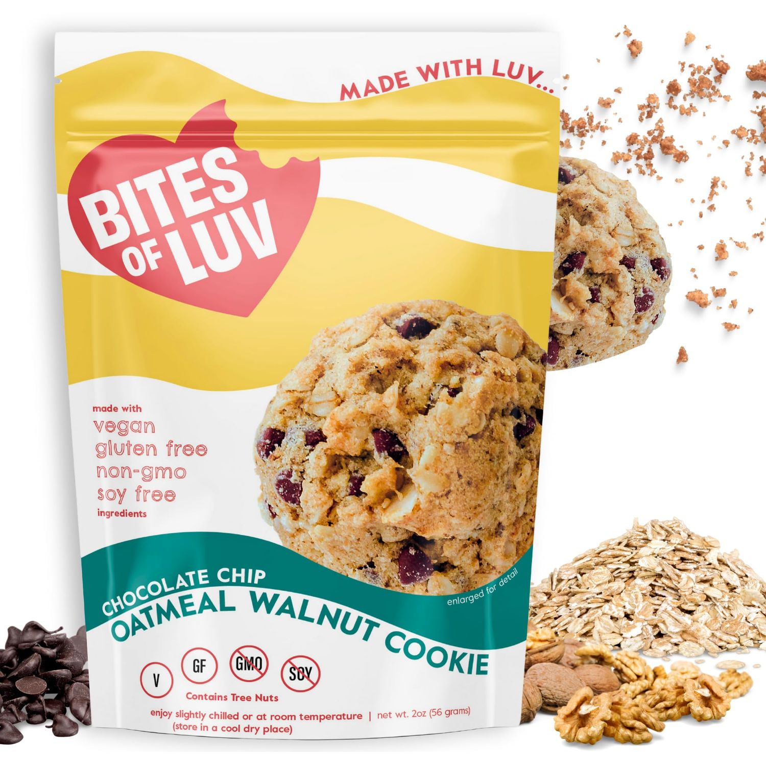 BITES OF LUV Vegan Cookies - Gluten Free, Soy Free, Nut Free, Dairy Free, Non-GMO Soft-Baked Dessert Snack Oatmeal Walnut Chocolate Chip, 6 pack