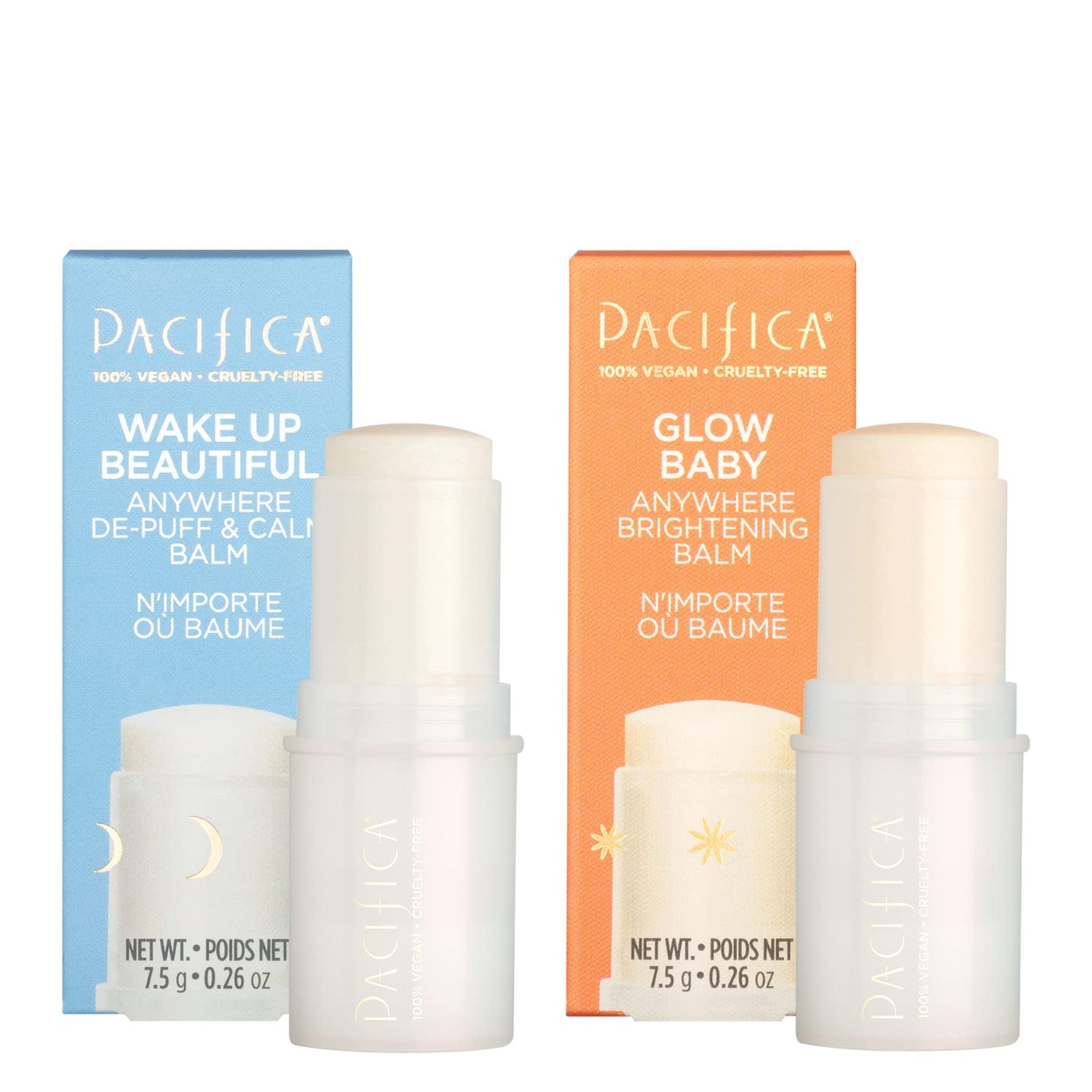 Pacifica Anywhere Stick Body Serum Set - Glow Baby Vitamin C Brightening Balm Wake Up Beautiful De-Puff Balm Duo, 2-Pack Vegan Face Sticks