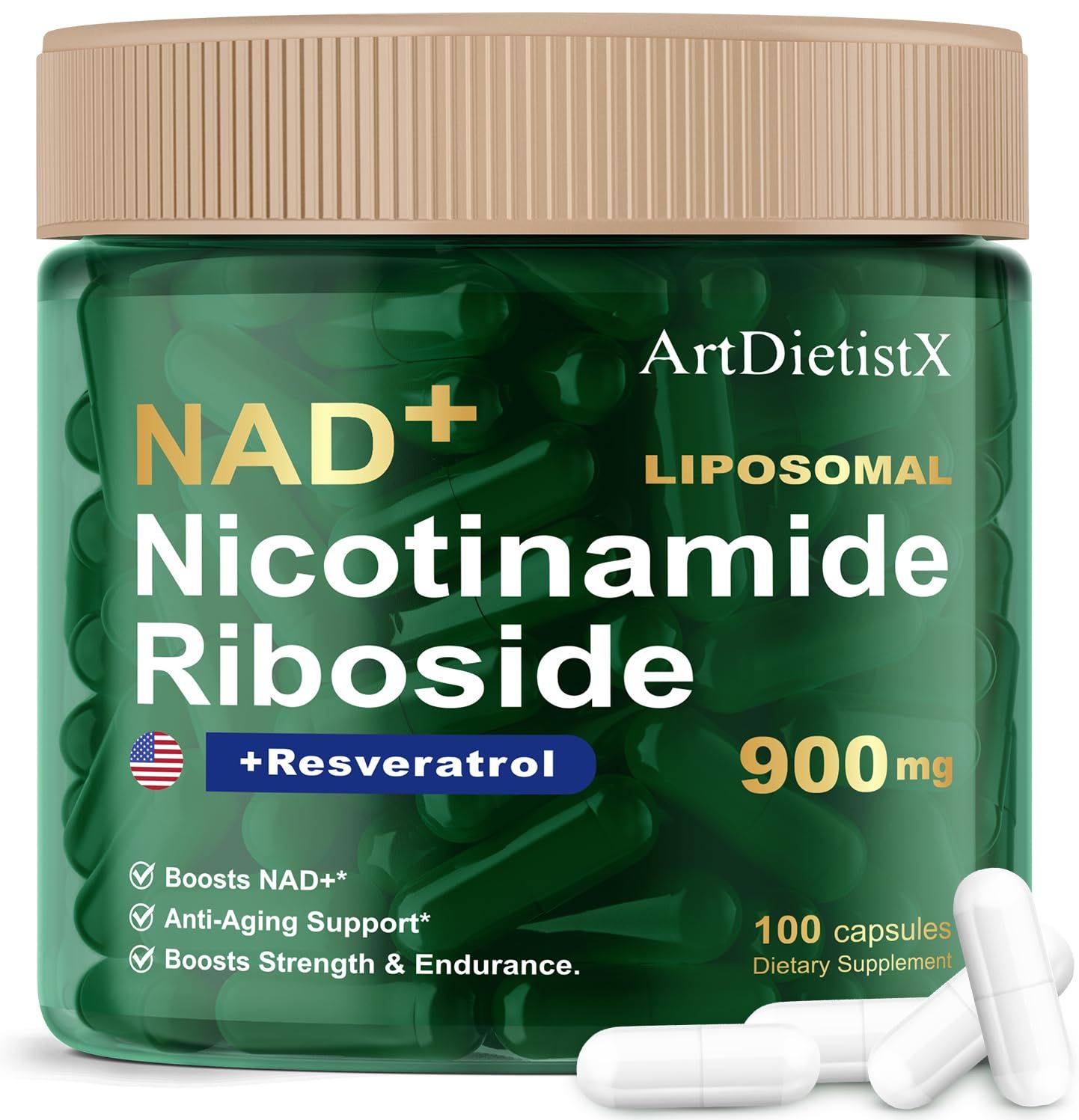 NAD Supplement, NAD Nicotinamide Riboside 900Mg for Men and Women, Liposomal Nicotinamide Riboside Resveratrol for Anti-Aging, High Purity NMN Supplements for Boost Energy, Focus - 100 Capsules