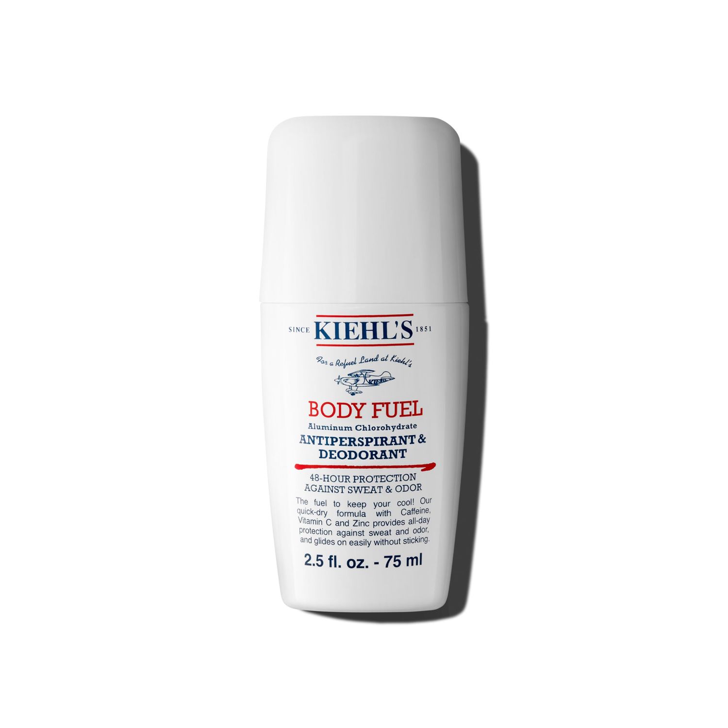 Kiehl&#39;s Body Fuel Antiperspirant &amp; Deodorant Roll-On, 48-Hour Protection Against Sweat and Odor, with Caffeine, Vitamin C &amp; Zinc, Dries Quickly, Energizing Scent for Men&#39;s Underarm - 2.5 fl oz