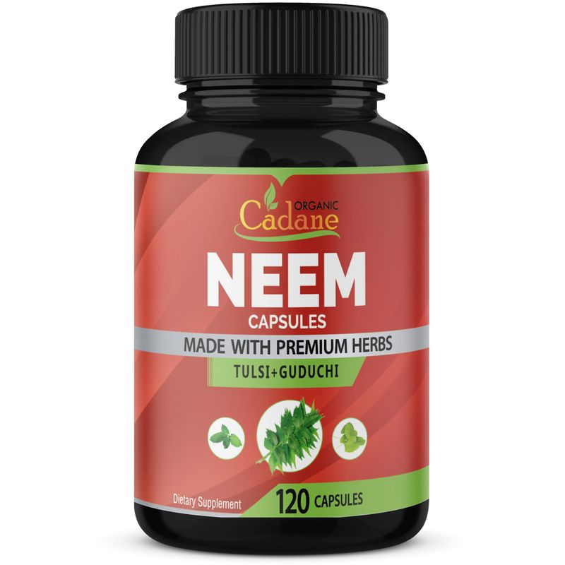 Organic Cadane Neem Leaf Supplements Capsules with Holy Basil Tulsi, Guduchi, 120 Vegetable Capsules Supports Immune System Fresh Pure Powder Leaves Herbs