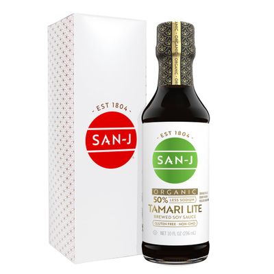 San-J - Organic Gluten Free Tamari Soy Sauce with 50 Less Sodium - Made with 100 Whole Soy - Specially Brewed - 10 oz. Bottle
