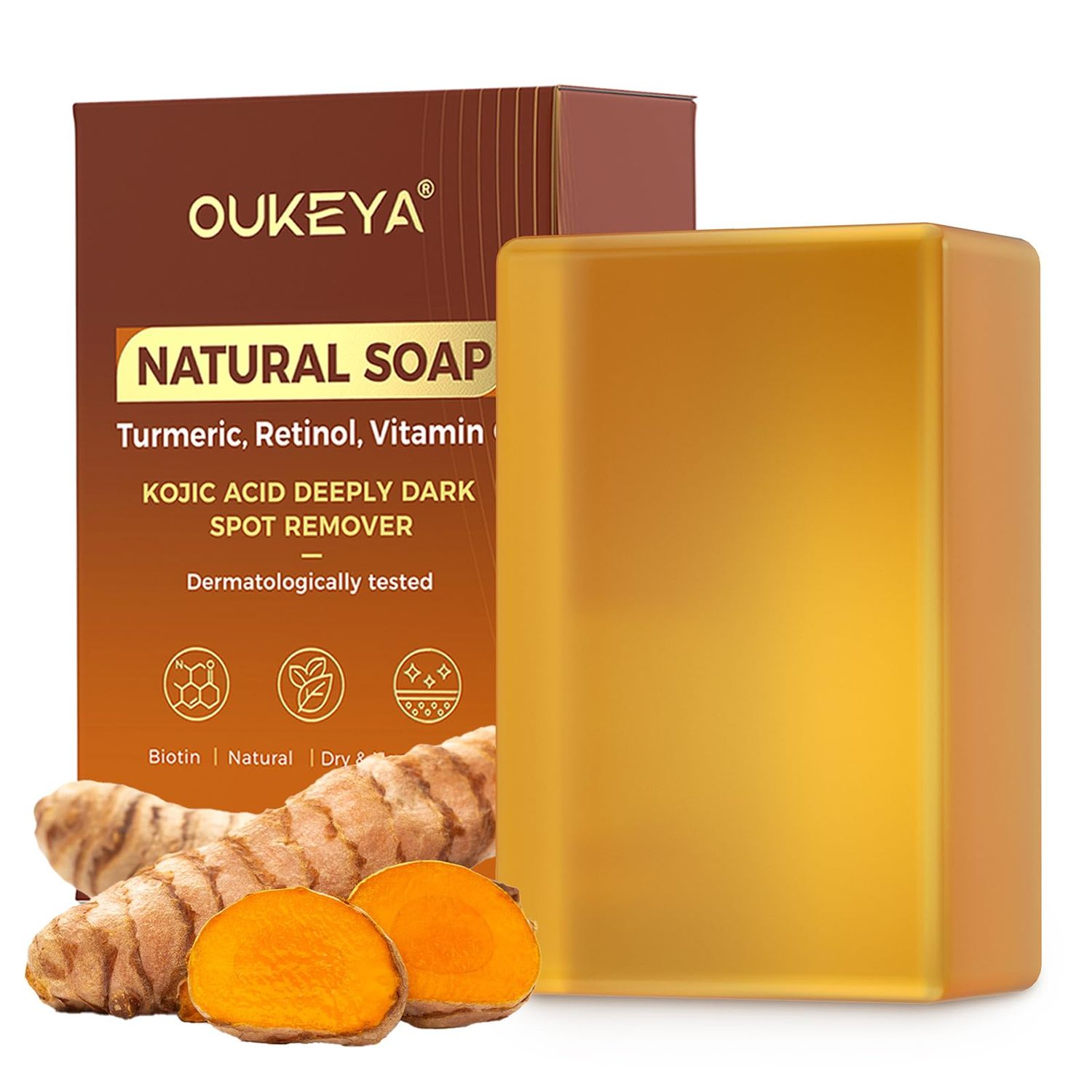 OUKEYA Dark Spot Remover Soap Bars, Turmeric Soap Bar, for Body &amp; Face with Vitamin C, E, Retinol, Collagen, Shea Butter, Infused with Hyaluronic Acid, Soap for Men, Women