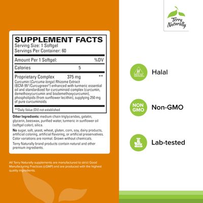 Terry Naturally CuraMed 375mg - Antioxidant Supplement for Brain & Immune Health Support - Dietary Supplement with Curcumin & Turmeric Essential Oil - Herbal Liver Support - 60 Softgels Pack of 3
