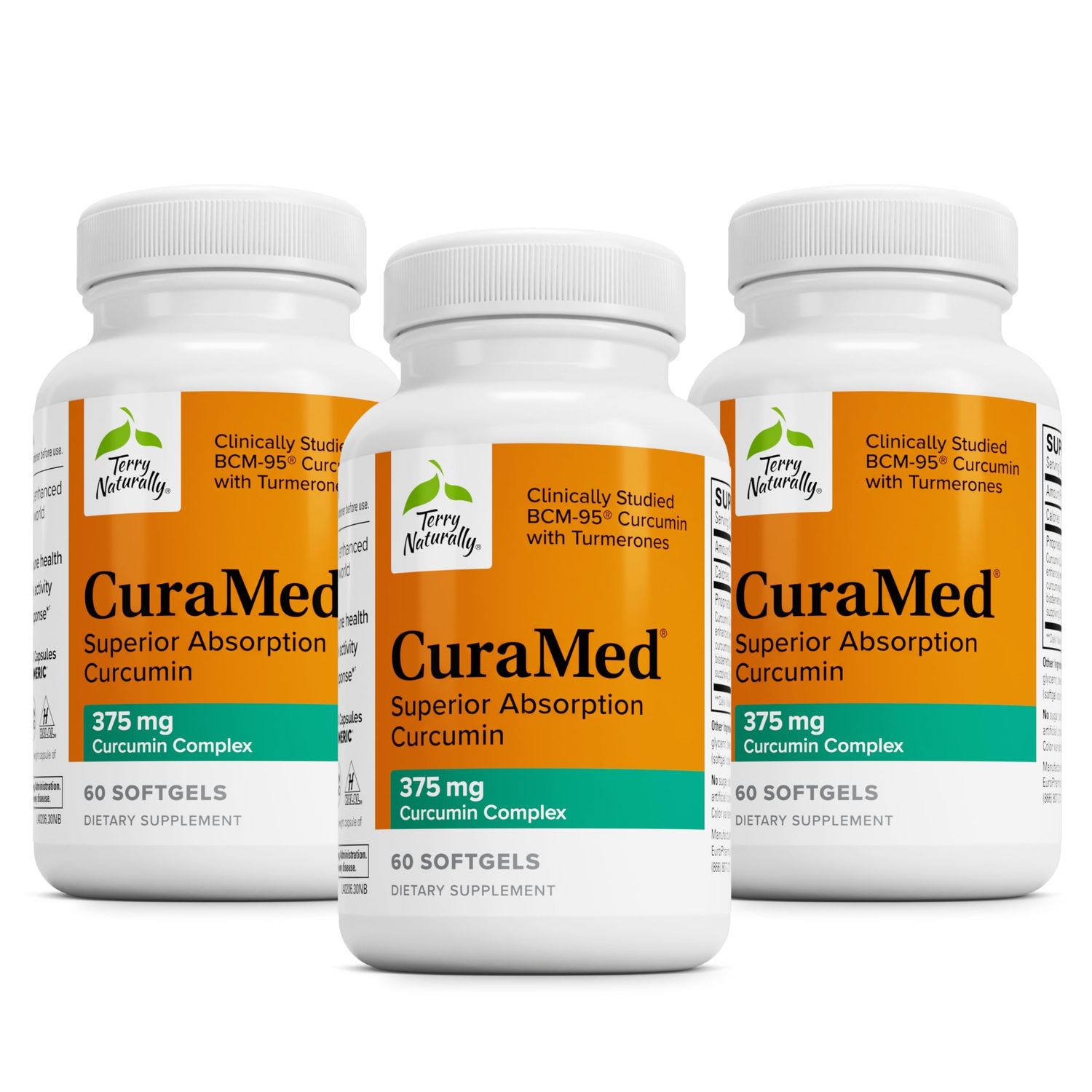 Terry Naturally CuraMed 375mg - Antioxidant Supplement for Brain &amp; Immune Health Support - Dietary Supplement with Curcumin &amp; Turmeric Essential Oil - Herbal Liver Support - 60 Softgels Pack of 3