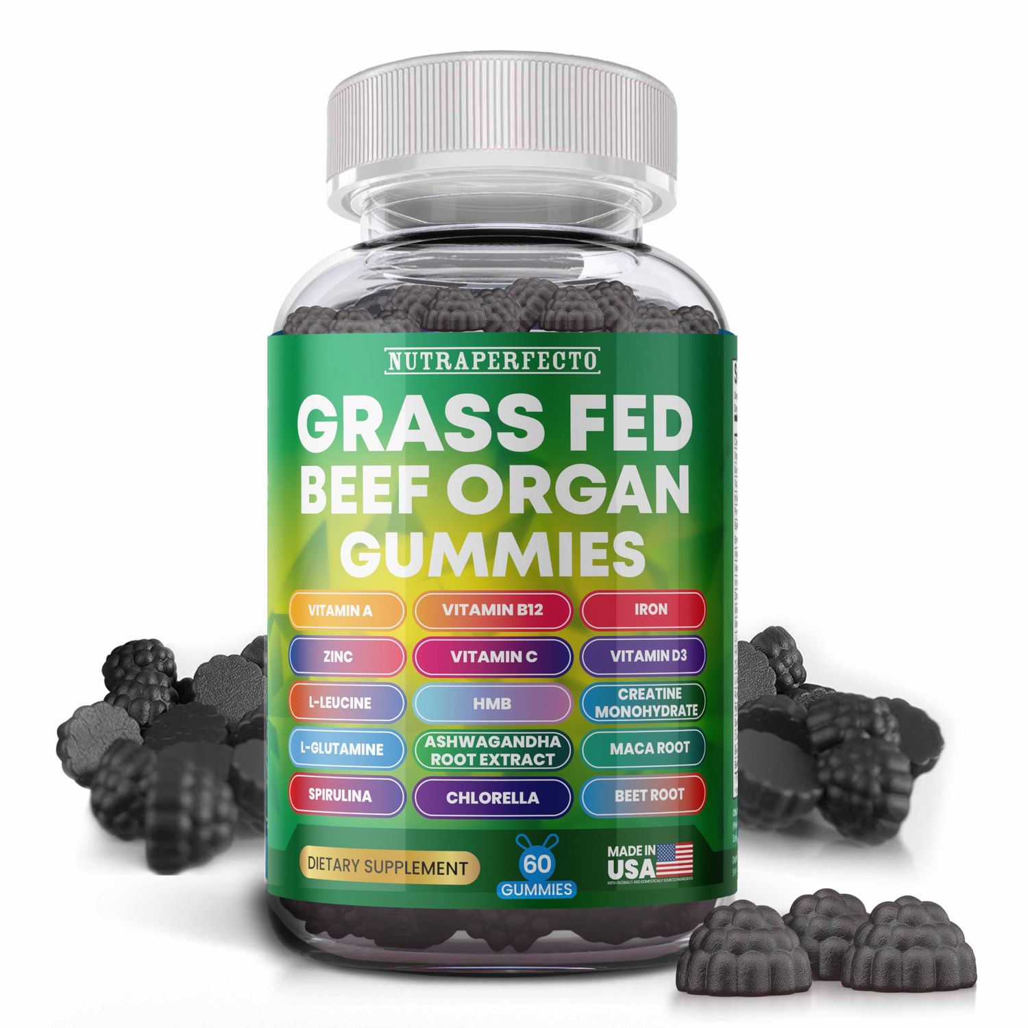 Sugar Free Grass-Fed Beef Organ Supplement Gummies with HMB, Leucine, Vitamin A, B12, C, D3 Supports Muscle Growth, Cognitive Function, Energy, Detoxification Desiccated, Pasture Raised, Grain Free