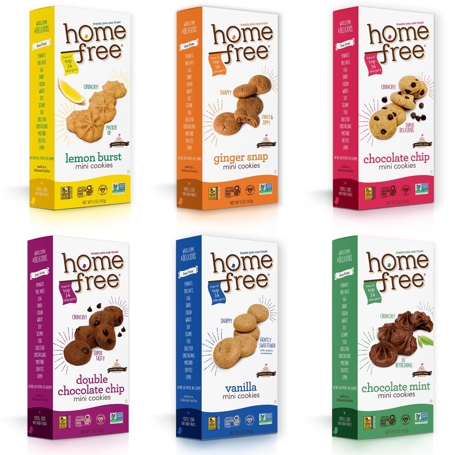 Homefree Treats - Vegan Cookies Variety Pack - Allergy Safe School Snacks - Peanut Free, Gluten Free, Egg Free, Dairy Free - Yummy Crunchy Cookie Assortment, Kosher Pareve 6 Count