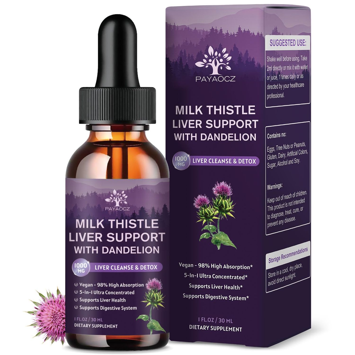 2 Pack Milk Thistle Liquid Drops Silymarin 1000mg, Liver Supplement Detox &amp; Cleanse with Dandelion &amp; Artichoke, Milk Thistle Organic Extract for Support Repair Liver Health, Vegan, Non-GMO, 1 Fl Oz