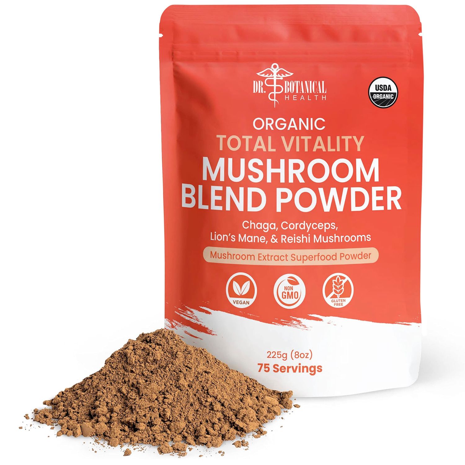 Organic Mushroom Powder Blend - 4-in-1 Reishi, Lions Mane, Cordyceps and Chaga Mushroom Supplement Extract Complex, Mushroom Blend Powder for Immune Boost &amp; Brain Support, Add to Coffee, Tea or Water