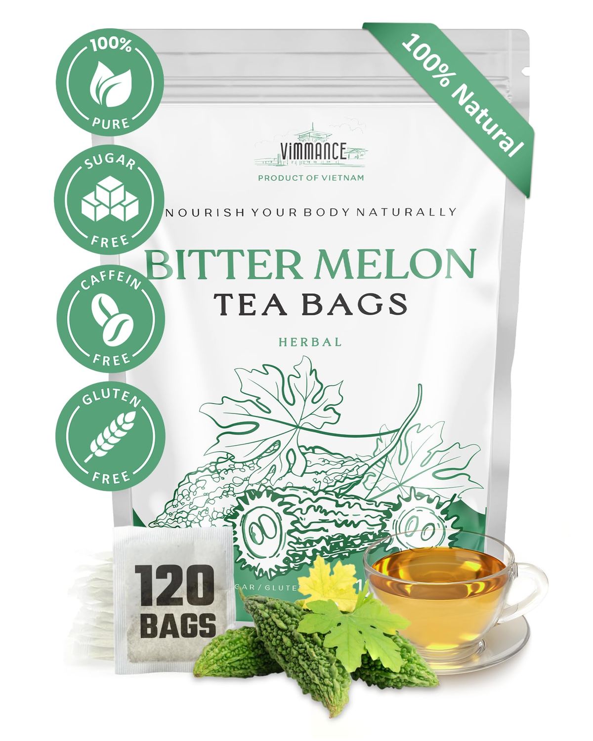 VIMMANCE Bitter Melon Dried Sliced Tea Bags, 120 counts, Dry Mellon Amargo, Vietnamese Herbal Tea, Momordica Charantia, 100 Natural Bittermelon, Decaf, Sugar Free, Balance Taste