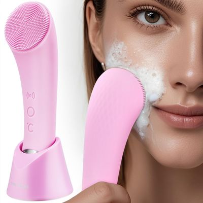 PRITECH Facial Cleansing Brush, Rechargeable Silicone Face Scrubber with Heat Massage End, Vibrating Exfoliating Deep Cleaning Device for Pore Brush, Waterproof Face Scrubber for Women and Men Pink