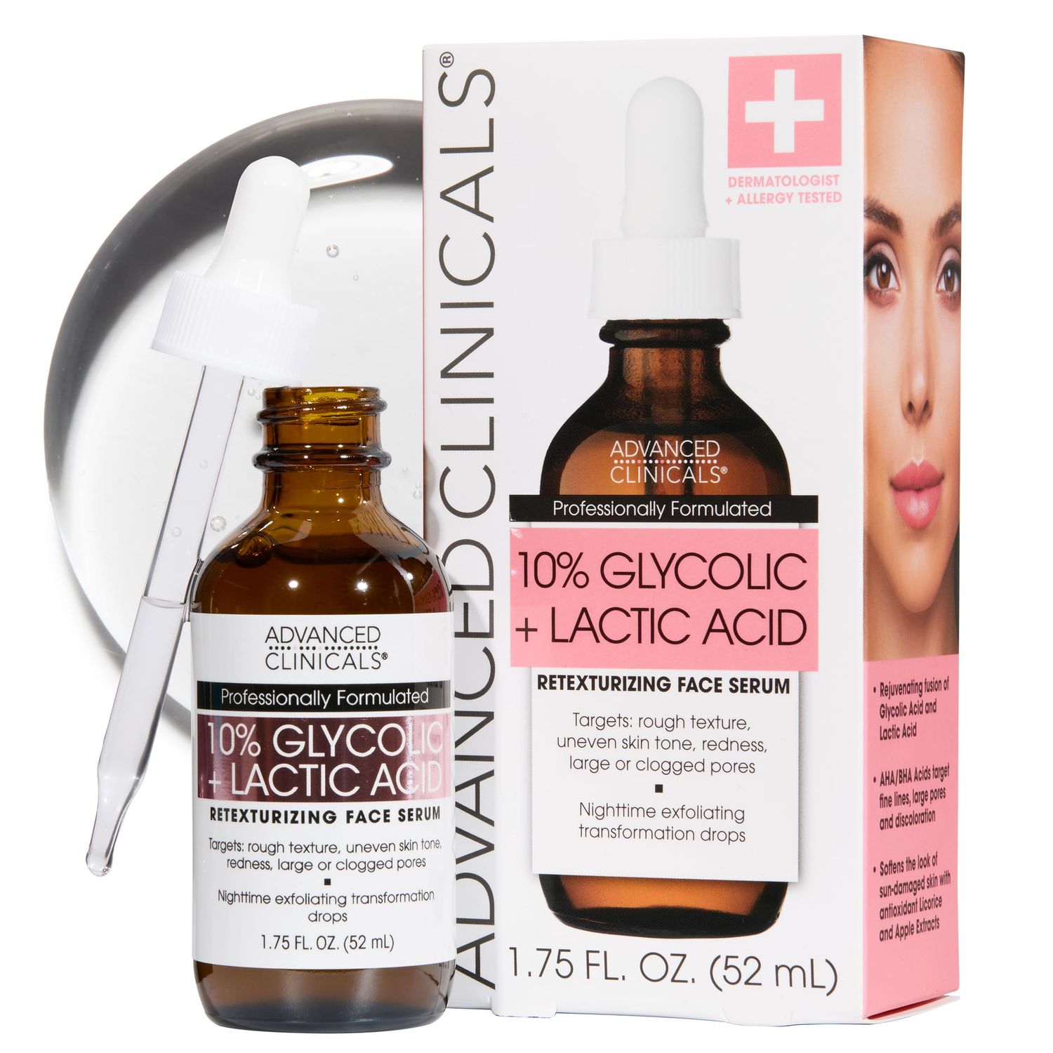 Advanced Clinicals Exfoliating 10 Glycolic Acid Serum For Face Lactic Acid Facial Exfoliant AHA Salicylic Acid Serum To Improve Look Of Large Pores, Uneven Skin Tone, &amp; Dark Spots, 1.75 FL Oz