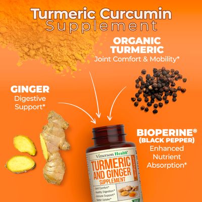 Turmeric Supplement with Ginger Root for Joint & Digestion Support - Turmeric Curcumin Supplement 95 Curcuminoids. Contains Organic Tumeric with Black Pepper Bioperine for Max Absorption. 60 Caps