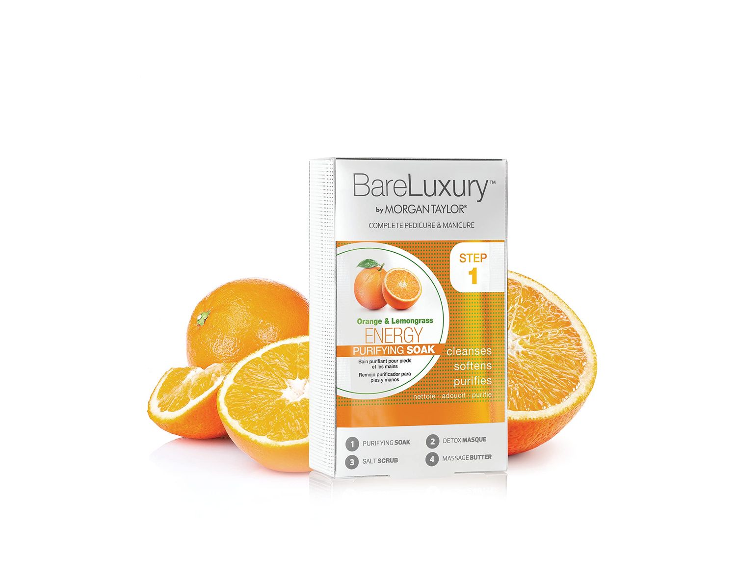 Morgan Taylor BareLuxury 4-Step Complete Pedicure &amp; Manicure Packs Orange &amp; Lemongrass - Complete Nail Care Kit with Soak, Masque, Scrub &amp; Massage Butter, Professional Spa-Quality Treatments.