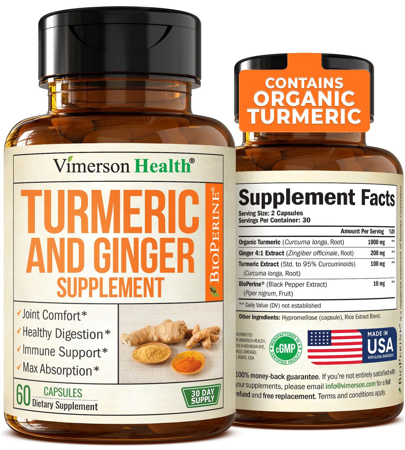 Turmeric Supplement with Ginger Root for Joint &amp; Digestion Support - Turmeric Curcumin Supplement 95 Curcuminoids. Contains Organic Tumeric with Black Pepper Bioperine for Max Absorption. 60 Caps
