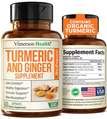Turmeric Supplement with Ginger Root for Joint &amp; Digestion Support - Turmeric Curcumin Supplement 95 Curcuminoids. Contains Organic Tumeric with Black Pepper Bioperine for Max Absorption. 60 Caps