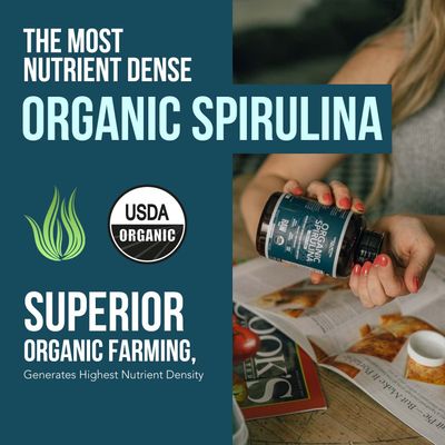 Organic Spirulina Tablets 360 Tablets - Made with Parry Spirulina, The Best Spirulina in The World, Highest Nutrient Density - Non-Irradiated, 3 Organic Certifications 90 Servings