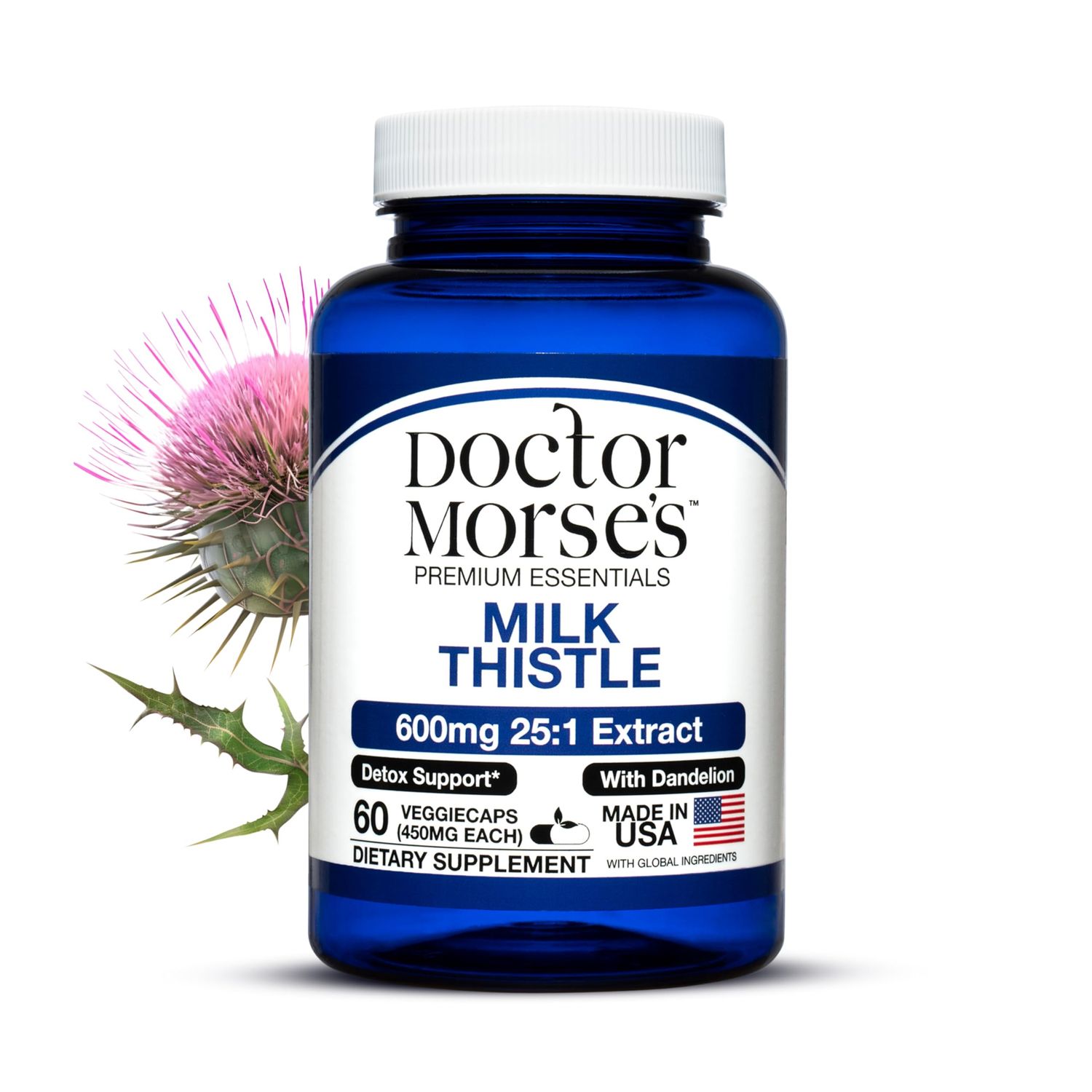 Doctor Morse Milk Thistle Supplement 25:1 Extract 600mg Equivalent to 15000mg, Liver Detox Support 4:1 Extract 300mg Equivalent to 1200mg Dandelion Root - FDA Certified Ultra Potent Formula - 60 Caps
