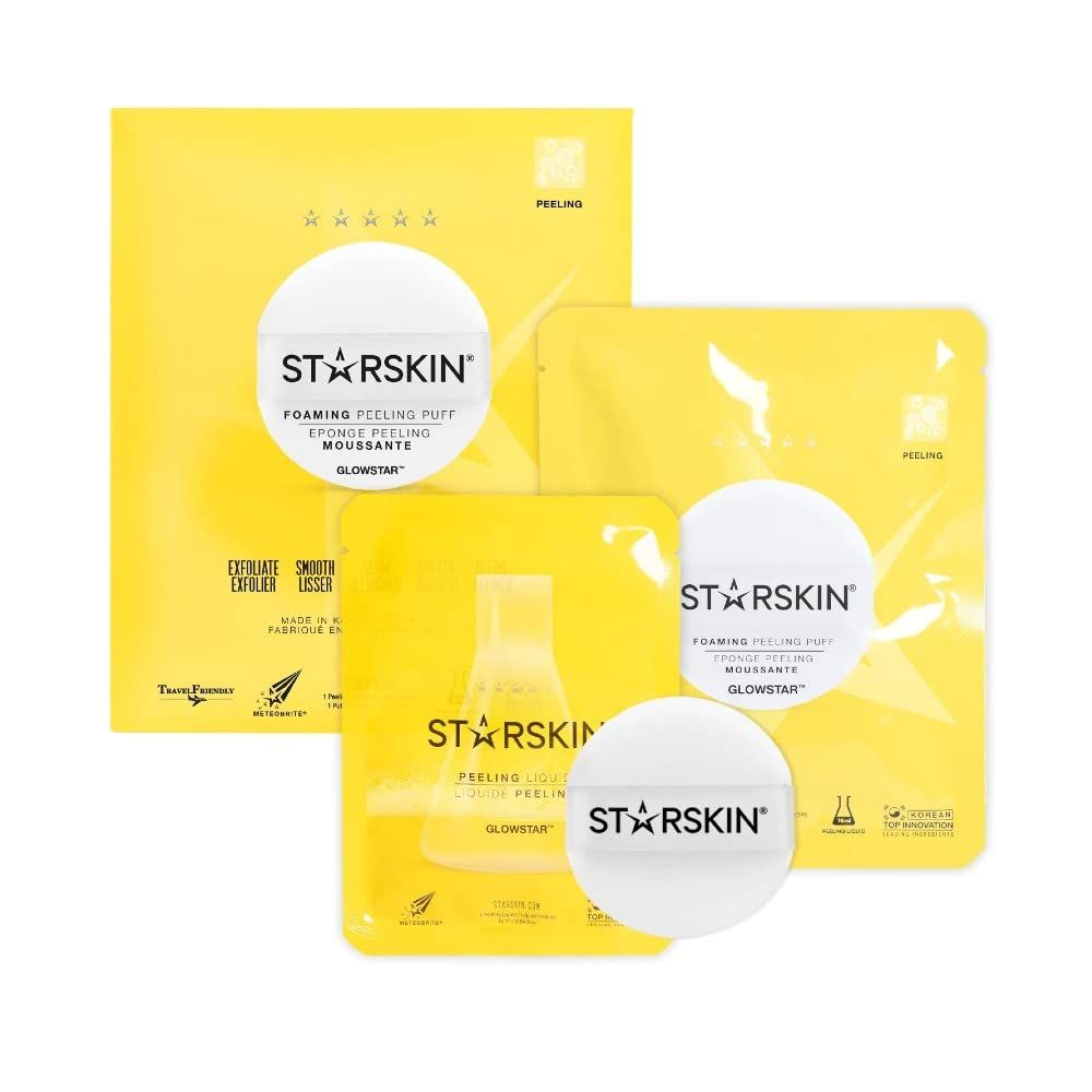 STARSKIN Glowstar, Facial Radiance Pads with Lactic and Glycolic Acid, AHA Exfoliant infused with Vitamin C Serum, Face Peeling Puff, Optimal for Soft Scrub, K Beauty Skincare