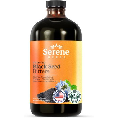Serene Herbs Black Seed Bitters Herbal Detox with Milk Thistle, Sea Moss, Dandelion, Ginger &amp; Moringa - Supports Digestion, Energy, Liver &amp; Skin - Vegan, Non-GMO - 16 oz