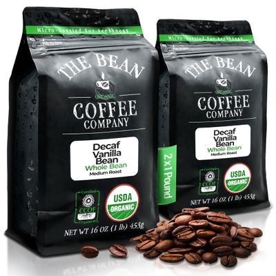 The Bean Organic Coffee Company Water Processed DECAF Vanilla Bean, Medium Roast, Whole Bean Coffee, 16-Ounce Bags Pack of 2