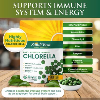 Sunlit Best USDA Organic Premium Chlorella Tablets 1000 Count 100 Pure Chlorella Superfood Supplement High in Protein, Chlorophyll, Vitamins, &amp; Minerals Supports Good Health, Wellbeing