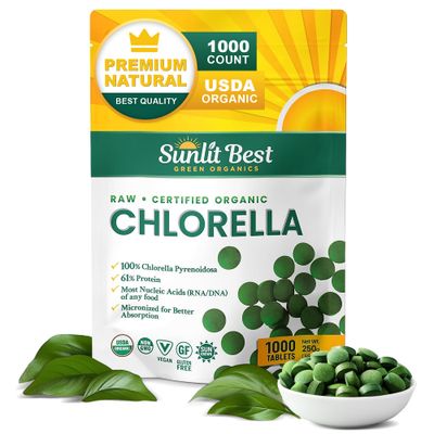 Sunlit Best USDA Organic Premium Chlorella Tablets 1000 Count 100 Pure Chlorella Superfood Supplement High in Protein, Chlorophyll, Vitamins, &amp; Minerals Supports Good Health, Wellbeing