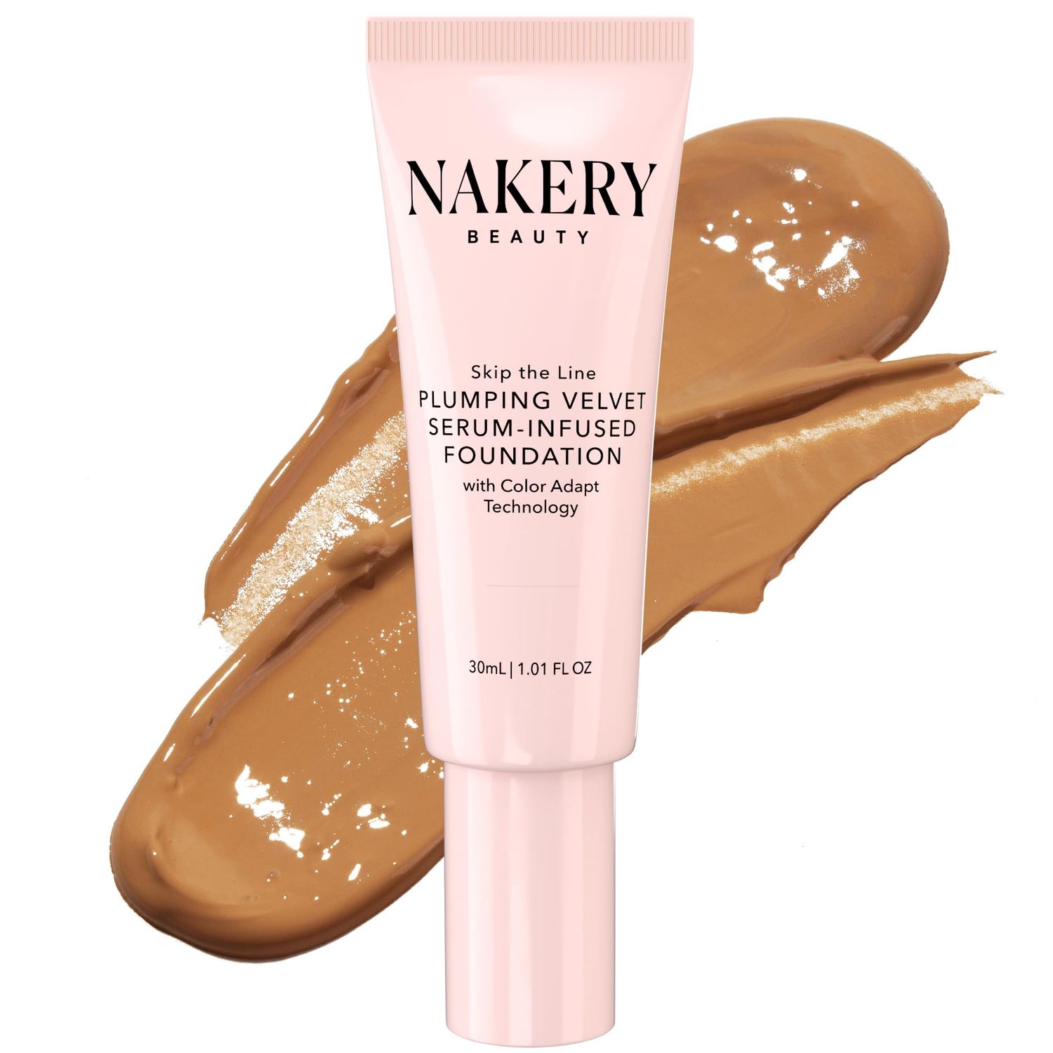 Nakery Full Coverage Plumping Liquid Foundation - Serum Infused Makeup with Niacinamide &amp; Hyaluronic Acid for All Skin Types - Medium