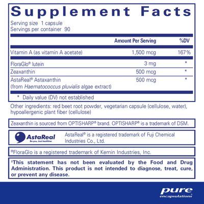 Pure Encapsulations Vitamin A Carotenoids Lutein, Zeaxanthin, and Astaxanthin Hypoallergenic Dietary Supplement 90 Capsules