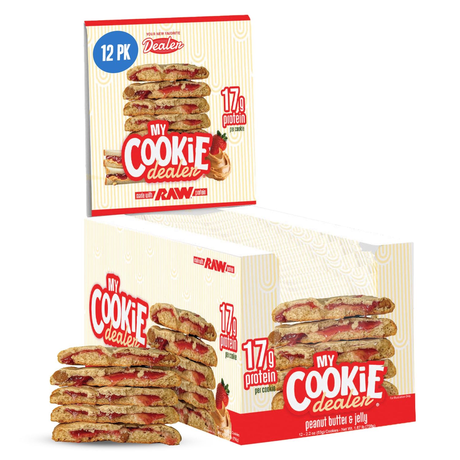 My Cookie Dealer Protein Cookies, Peanut Butter &amp; Jelly 2.2oz, Pack of 12 - 17g Protein per Cookie - Individually Wrapped Workout Snacks for On-The-Go Travel