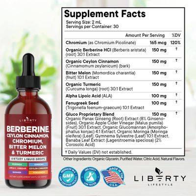 Berberine with Ceylon Cinnamon Supplement Liquid Drops Bitter Melon Extract, Glucomannan, Gymnema, Chromium, Turmeric, Panax Ginseng, Moringa- 4 OZ