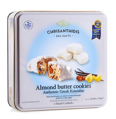 Almond Butter Cookies Authentic Greek KourabieWith fresh butter &amp; whole roasted almonds dusted in icing sugarHand CraftedProudly baked in Nea Karvali, Kavala Greece 30.69 oz 870g