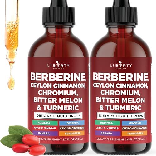 Berberine with Ceylon Cinnamon Supplement Liquid Drops Bitter Melon Extract, Glucomannan, Gymnema, Chromium, Turmeric, Panax Ginseng, Moringa- 4 OZ