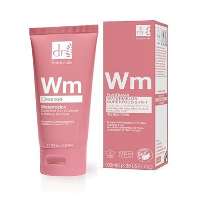 Dr Botanicals Watermelon Cleanser &amp; Makeup Remover 100ml Targets Blemishes and Skin Texture - Infused with Watermelon Seed Oil, Salicylic Acid, Glycolic Acid, Lactic Acid, and Gluconolactone