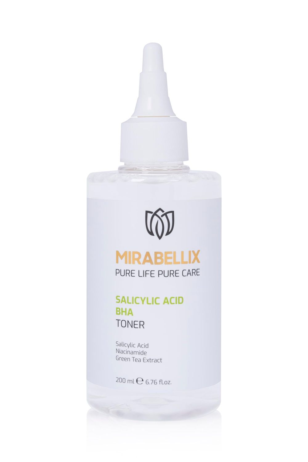 Mirabellix Salicylic Acid BHA Toner for Oily &amp; Acne-Prone Skin Niacinamide, Green Tea &amp; Willow Bark Extract for Blackhead Removal, Pore Cleansing &amp; Even Skin Tone 200ml