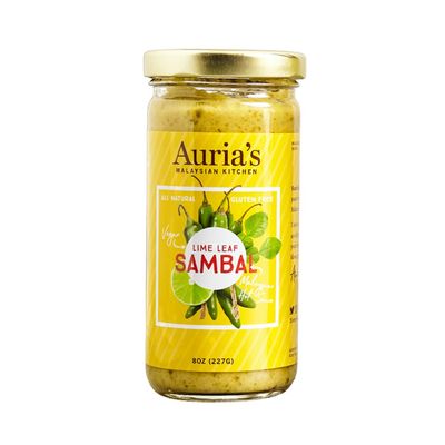 Aurias Malaysian Kitchen Lime Leaf Sambal 8oz - Authentic Southeast Asian Chili Paste with Makrut Lime Leaf for Mild Heat &amp; Flavorful Dishes, Small Batch, Handmade in NYC