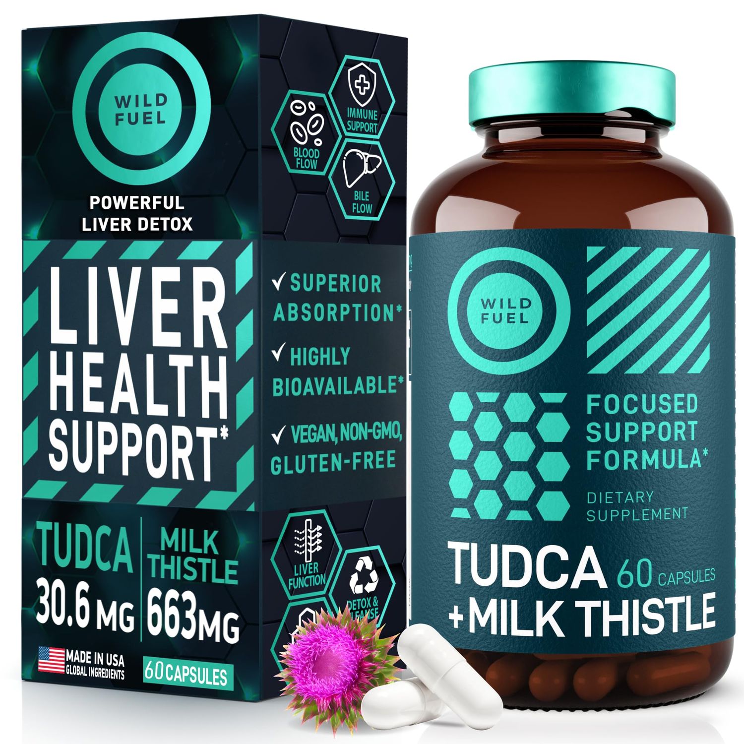 TUDCA and Milk Thistle Supplement - Bile Salts Supplement with Silymarin Milk Thistle Extract Liver Cleanse, Gallbladder, Kidney, Gut Health - Ursolic Acid Tudca Bile Salt Liver Health - 60 Capsules