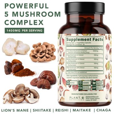 Plant.O Premium Lion's Mane Supplement, All Natural Nootropics Brain Supplement, 5 Mushroom Complex - Lions Mane, Reishi, Chaga, Maitake, Shiitake for Immunity, Focus, Mood & Memory Boost, 90 Caps
