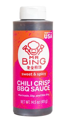 Mr. Bing Sweet &amp; Spicy Chili Crisp BBQ Sauce, 14.5 oz, Marinade Dip and Stir-Fry Sauce, Made in USA. Gluten-Free, MSG Free Pack of 1