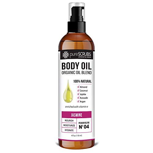 pureSCRUBS Ultra Moisturizing Jasmine Body Oil Spray for Dry Skin, Massage, Cuticles &amp; More - Organic Super Blend of Jojoba, Argan, Coconut, Sweet Almond &amp; Avocado Enriched with Vitamin E, Lg 4oz
