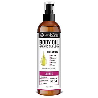 pureSCRUBS Ultra Moisturizing Jasmine Body Oil Spray for Dry Skin, Massage, Cuticles &amp; More - Organic Super Blend of Jojoba, Argan, Coconut, Sweet Almond &amp; Avocado Enriched with Vitamin E, Lg 4oz