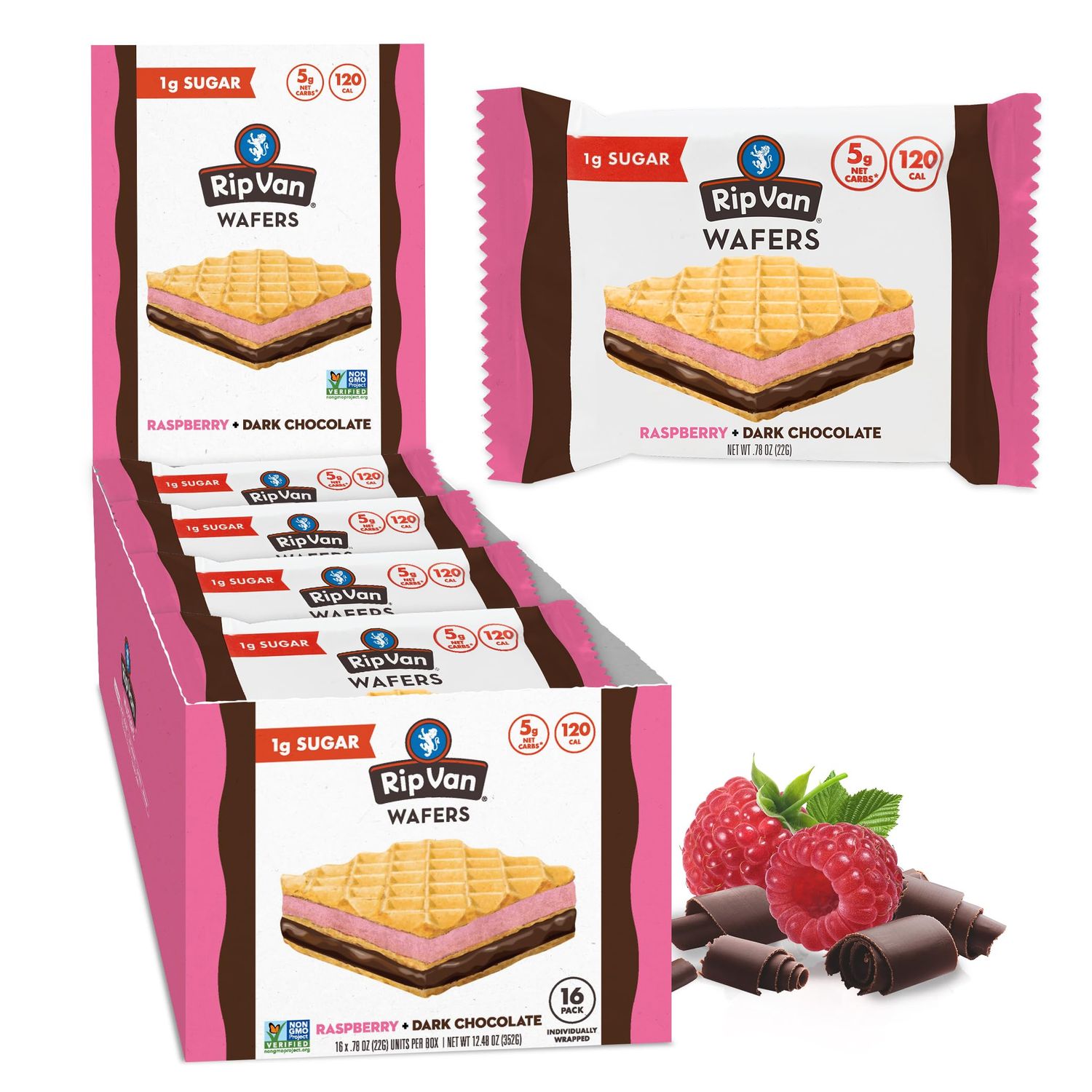 Rip Van Raspberry &amp; Dark Chocolate Wafer Cookies - Healthy Snacks - Non GMO Keto Cookies - Keto Snacks - Low Carb, Low Sugar 1g, Low Calorie and Vegan Snack - 16 Count