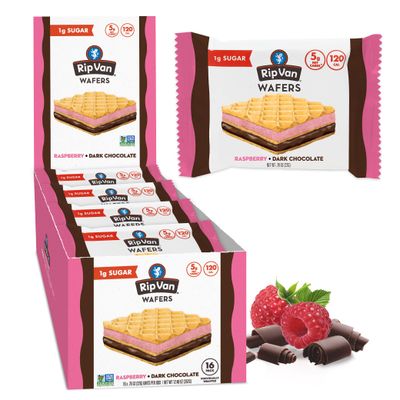 Rip Van Raspberry &amp; Dark Chocolate Wafer Cookies - Healthy Snacks - Non GMO Keto Cookies - Keto Snacks - Low Carb, Low Sugar 1g, Low Calorie and Vegan Snack - 16 Count