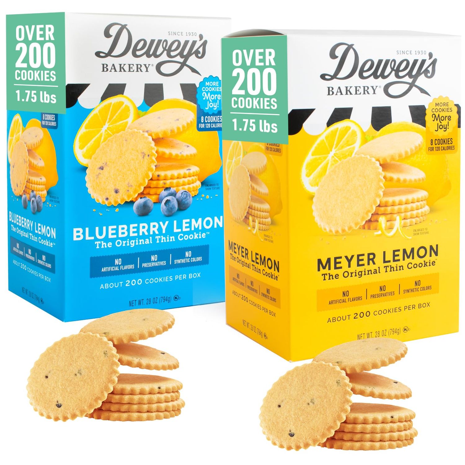 Dewey&#39;s Bakery Meyer Lemon and Blueberry Lemon Moravian Style Cookie Thins, Bakery Fresh with Real Simple Ingredients, Low Calorie Snack, No Artificial Flavors or Preservatives, 28 oz Pack of 2