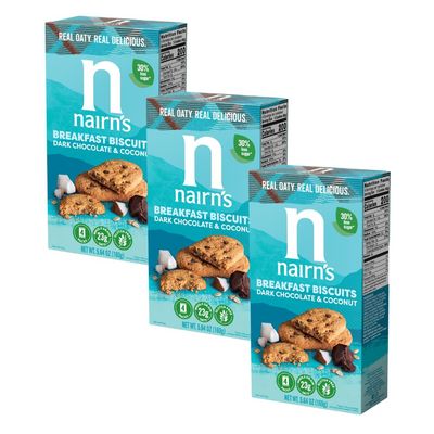 Nairn&#39;s Gluten-Free Chocolate &amp; Coconut Breakfast Biscuits - Healthy, Tasty, High Fiber, Non-GMO, No Artificial Colors, Flavors, or Preservatives, Safe for Celiacs, 5.64oz Pack of 3