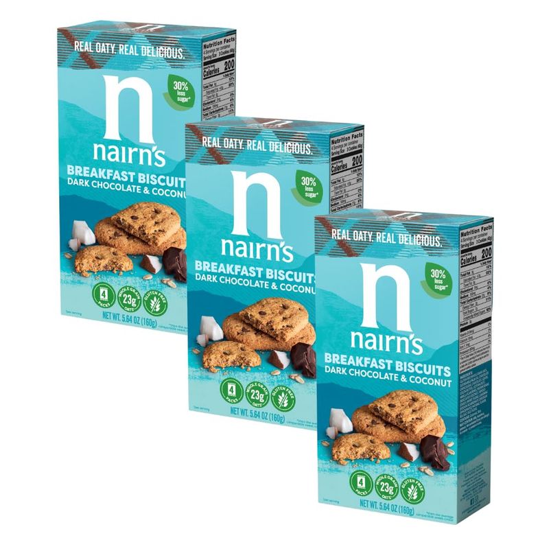 Nairn's Gluten-Free Chocolate &amp; Coconut Breakfast Biscuits - Healthy, Tasty, High Fiber, Non-GMO, No Artificial Colors, Flavors, or Preservatives, Safe for Celiacs, 5.64oz Pack of 3