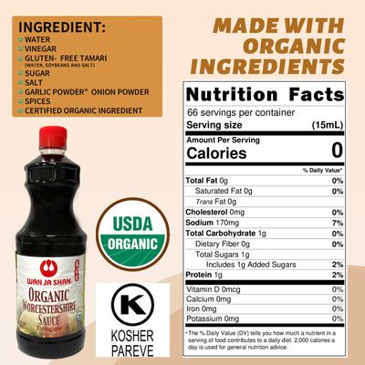 Wan Ja Shan Organic Worcestershire Sauce 33.8oz. USDA Organic, Umami-Rich Flavor Marinade, Glaze, Dressing &amp; Dipping Sauce Non GMO, Vegan, Kosher Parve Great for Meats, Vegetables &amp; Stir Fry