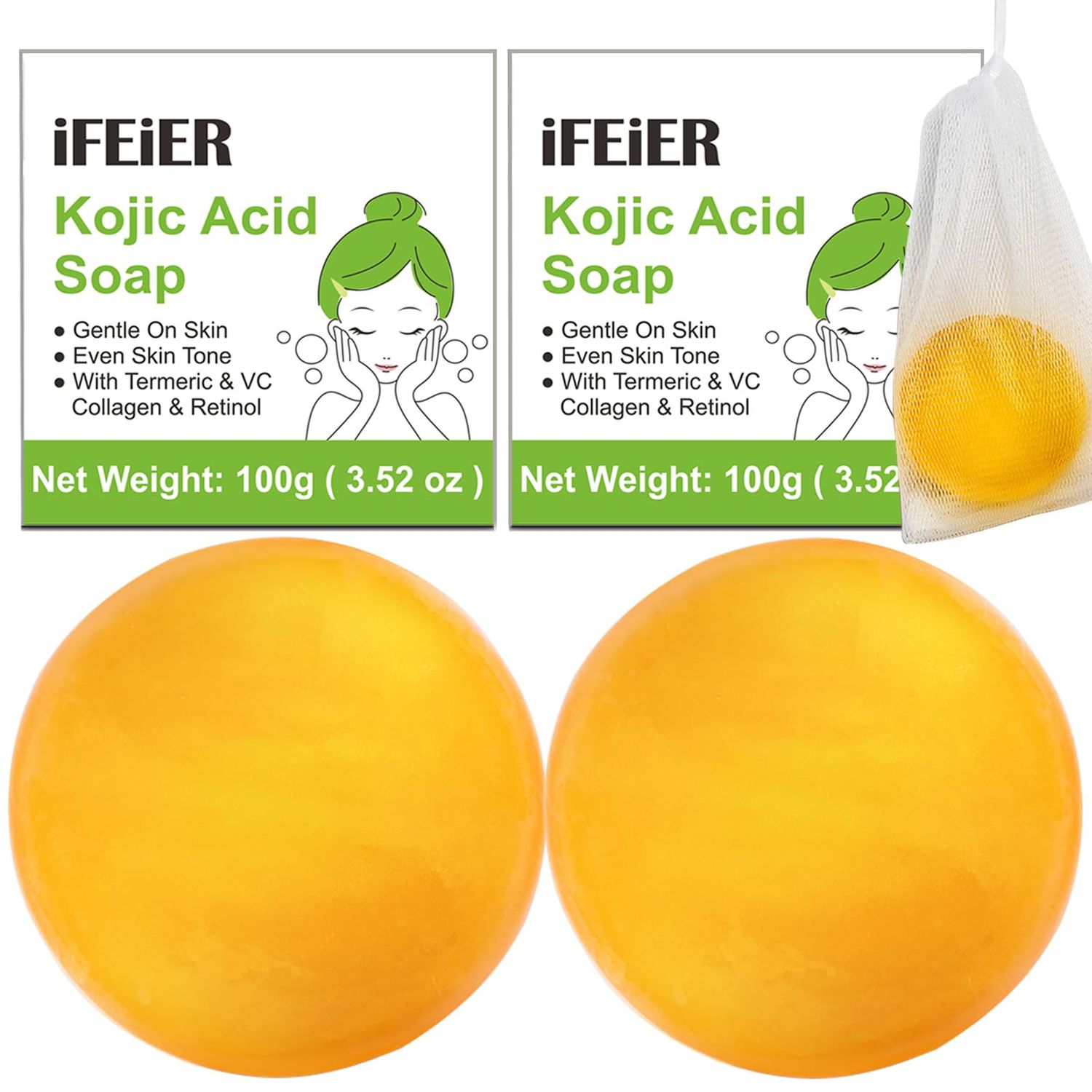 iFEiER Kojic Acid Soap Bars 200g7.04 oz 2PACK, Vitamin C soap, Vitamin E soap, Retinol Vitamin A soap, Collagen soap, Turmeric bath Soap Bars pads with foaming net for Men and Women body wash.