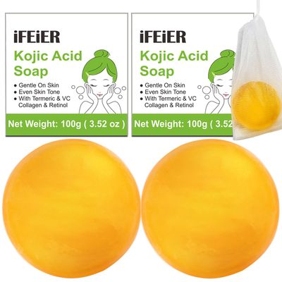 iFEiER Kojic Acid Soap Bars 200g7.04 oz 2PACK, Vitamin C soap, Vitamin E soap, Retinol Vitamin A soap, Collagen soap, Turmeric bath Soap Bars pads with foaming net for Men and Women body wash.
